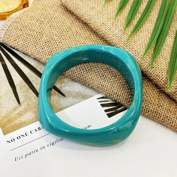 Gold Turquoise Swirl Lucite Wide Bangle Bracelet Retro Chic Style Stackable - Picture 7 of 7